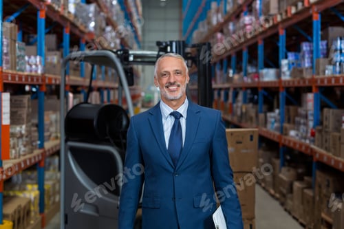 Preview: Mature man standing in navy suit and tie in warehouse aisle holding clipboard near forklift racking