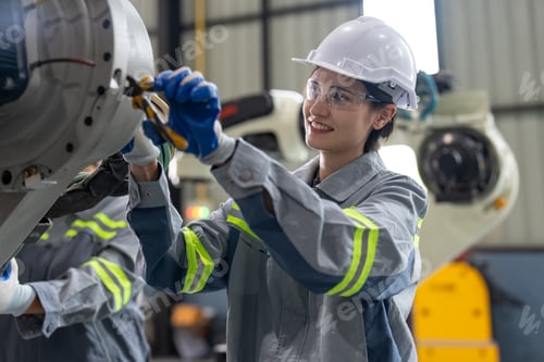 Preview: Female engineer maintains robot arm machinery in automated manufacturing factory