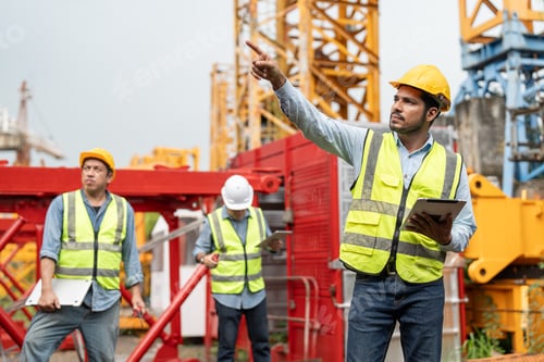Preview: Asian engineer points at tower crane while team surveys construction site