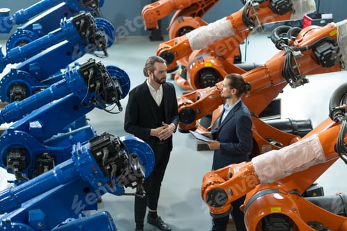 Preview: Two professionals in suits discuss work among advanced industrial robots in technology facility