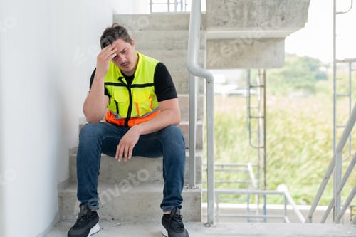 Preview: Construction worker sits on stairs feeling stressed at job site