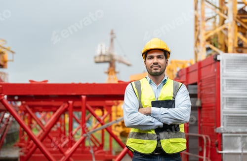 Preview: Confident engineer stands arms crossed by tower crane equipment