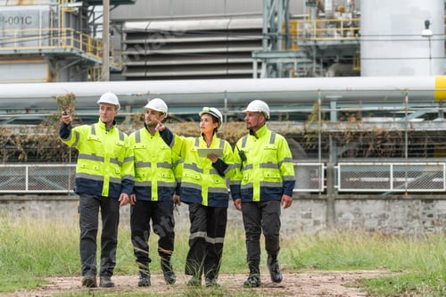 Preview: Petrochemical engineers review pipeline maintenance plans on tablet