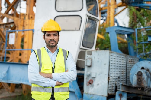 Preview: Confident crane operator stands arms crossed in front of crane cabin