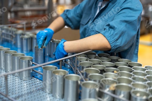 Preview: Worker fills aluminum cans on canned fish production line
