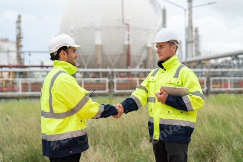 Preview: Two petrochemical engineers shake hands after pipeline maintenance work