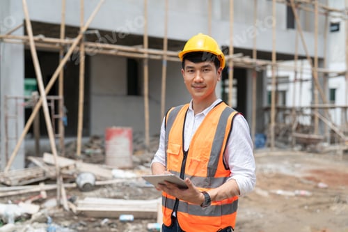 Preview: Asian civil engineer holds tablet at housing site