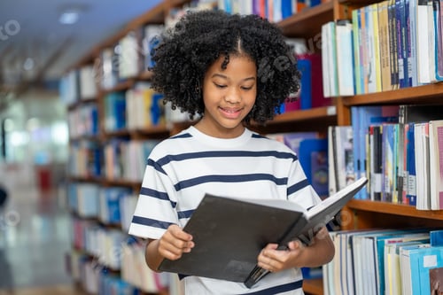 Preview: Smiling black student girl reads book in school library