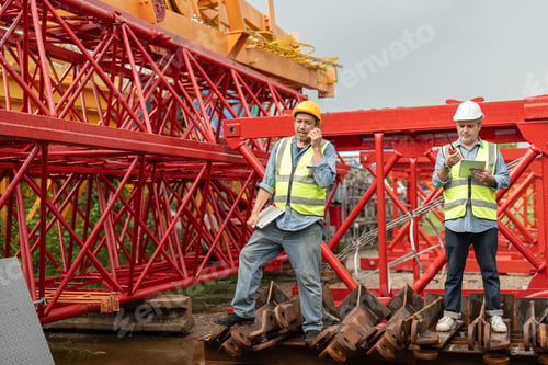 Preview: Site manager uses walkie-talkie and laptop near red tower crane