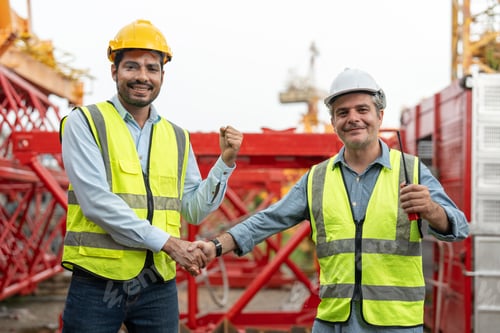 Preview: Civil engineer and business owner shake hands smiling at construction site