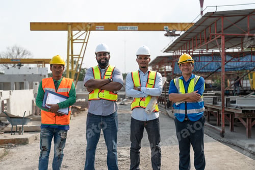 Preview: Diverse civil engineers and workers stand with crossed arms at precast concrete site