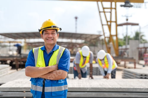 Preview: Senior Asian civil engineer with team at precast concrete construction factory