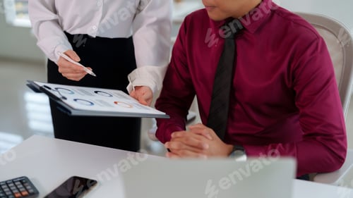 Preview: Asian Business Woman Man Review Financial Data Analysis Report Corporate Strategy Presentation Moder