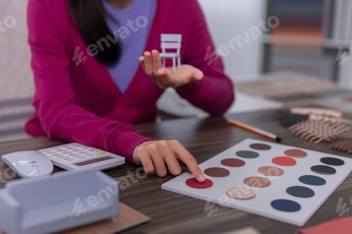 Preview: Interior Designer Professional Selecting Furniture Color Palette Sample Swatches Presenting Miniatur