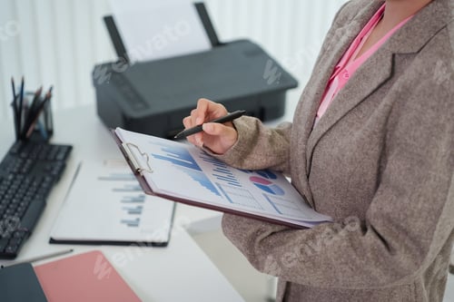 Preview: Businesswoman Analyzing Financial Chart Data Report Graph Presentation Review Business Performance S