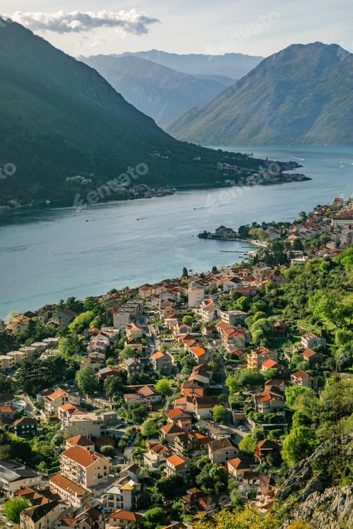 Preview: Boka kotorska bay from kotor montenegro with fortress walls mountains and old town view