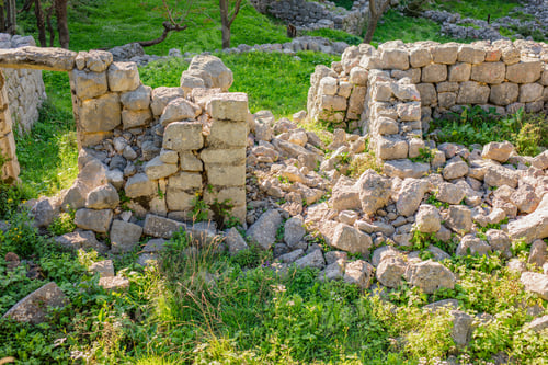 Preview: Old stone walls of abandoned spilari village ruins above kotor montenegro in mountain landscape