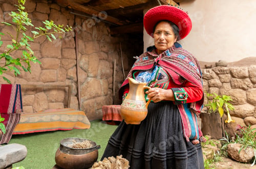 Preview: Portrait of indigenous Andean woman in traditional Peruvian clothing holding ceramic jug