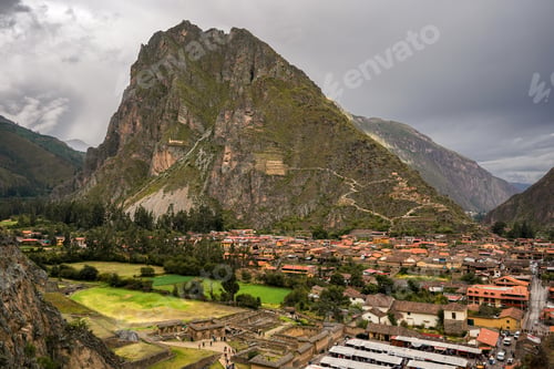 Preview: Panoramic view of Ollantaytambo ruins and mountain landscape in Sacred Valley Peru