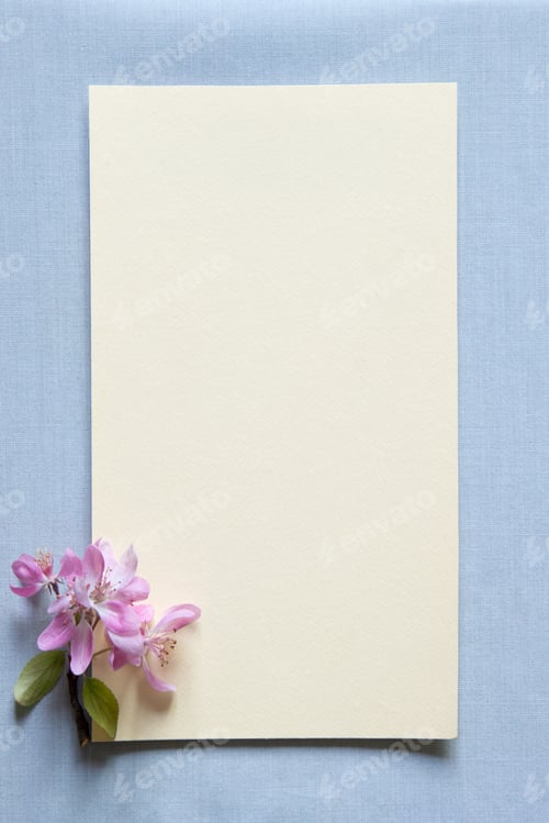 Preview: Vertical Blank greeting card, invitation and envelope mockup. Minimal floral frame made of flowers