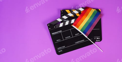 Preview: Two Clapper board and rainbow pride flag on purple or violet background.
