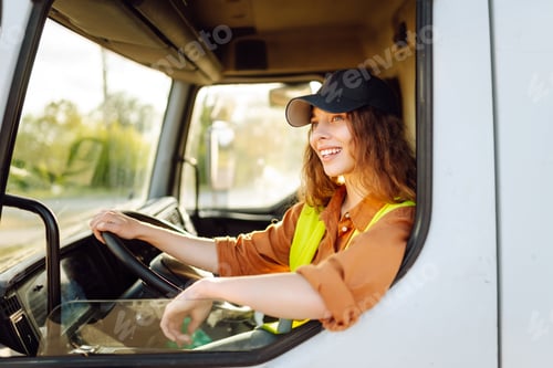Preview: Portrait of beautiful young woman professional truck driver driving a big truck. Inside of vehicle