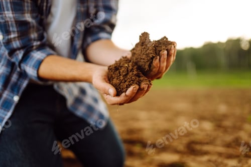 Preview: Farmer's hands take the soil from field and check its quality. Experienced male hands hold the soil.