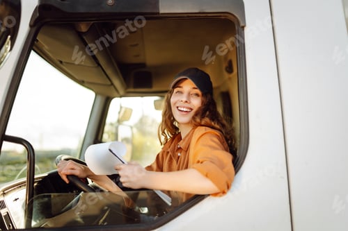 Preview: Woman truck driver steering wheel inside lorry cabin with clipboard. People and transportation