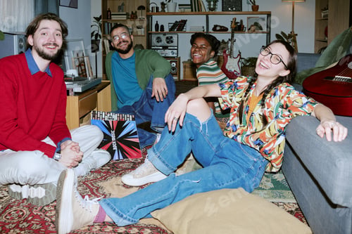 Preview: Portrait of Diverse Adult Friends Relaxing during Home Gathering