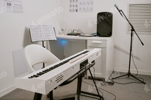 Preview: Wide shot of home music studio featuring digital piano, microphone, speaker, sheet music, supporting