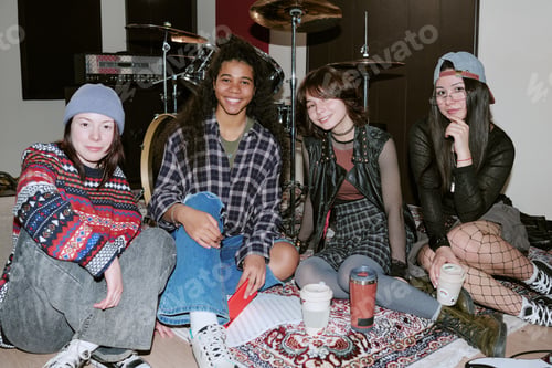 Preview: Portrait of Diverse Teenage Girls Posing in Music Band Rehearsal