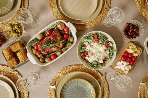 Preview: Top View of Sunday Lunch at Home for Weekend Gathering