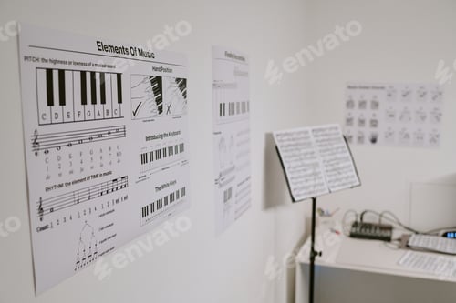 Preview: Close up of music theory charts hanging on wall beside sheet stand and keyboard workstation, support