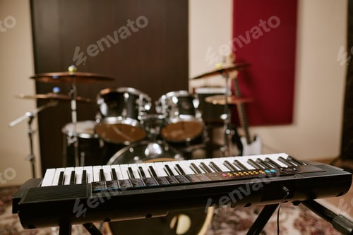 Preview: Music Band Instruments Standing in Recording Studio for Rehearsal