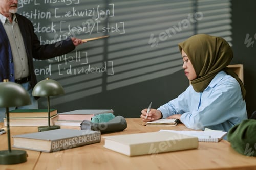 Preview: Muslim Student Girl Studying Business English in Classroom