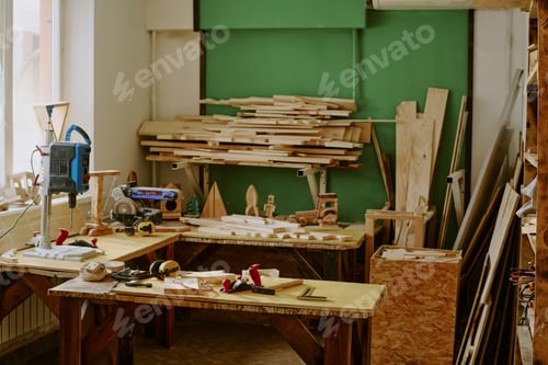 Preview: Carpentry Workshop Displaying Woodworking Tools and Lumber Storage