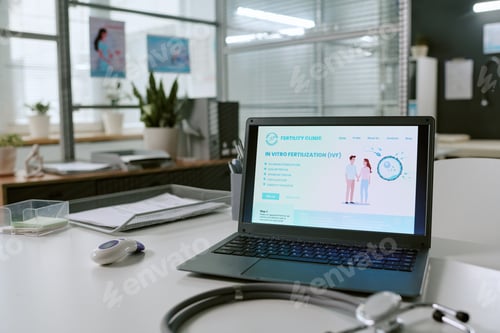 Preview: Laptop Displaying IVF Clinic Website in Modern Fertility Office