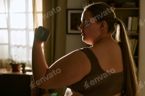 Preview: Plus Size Woman Lifting Dumbbell during Home Fitness Training