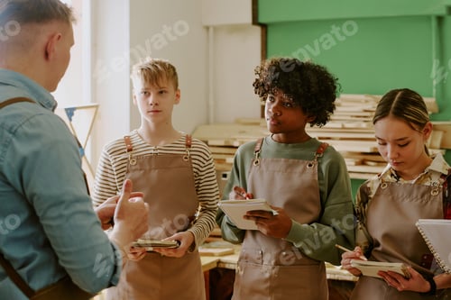 Preview: Teenagers Learning Woodworking Skills with Teacher in Workshop