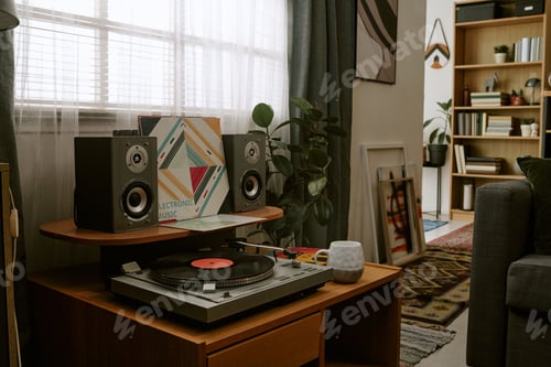 Preview: Vinyl Record Player Playing Music in Stylish Home Living Room