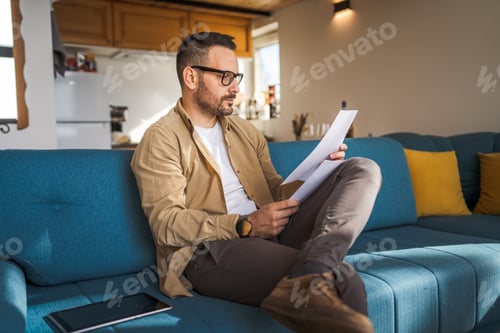 Preview: Adult man with eyeglasses read and watch document work at home