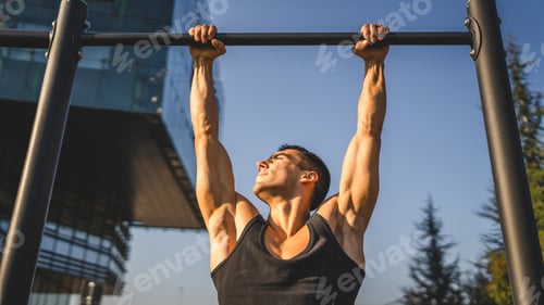 Preview: One man muscular male athlete training pull ups outdoor in sunny day