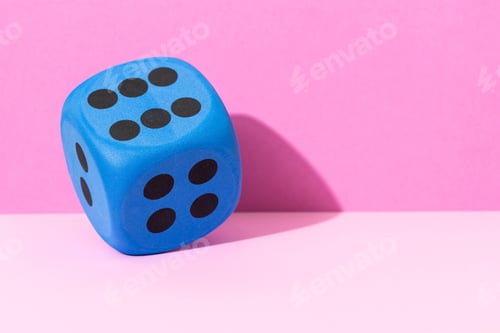 Preview: blue dice showing number six on pink background. Copy space