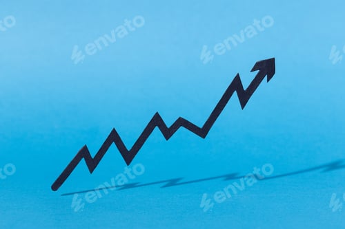 Preview: Rising arrow chart indicating growth and increasing financial trends on a minimalist blue background