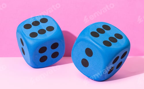 Preview: Two Blue Dice Showing Numbers Six on Pink Background