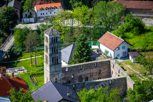 Preview: High angle view of historical St Luke bell tower and medieval St Mary church ruins in Jajce, Bosnia