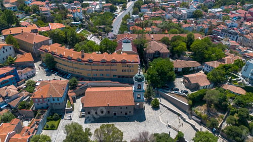 Preview: Aerial Drone View of Holy Mother of God Church and Old Town in Plovdiv Bulgaria