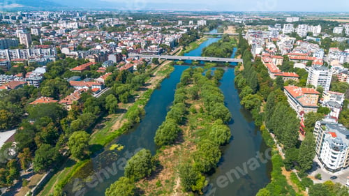 Preview: Aerial Drone View of Maritsa River and Historic Covered Bridge in Plovdiv Bulgaria