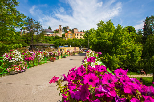 Preview: Scenic view of Jajce old town and fortress seen from a pedestrian bridge decorated with pink petunia