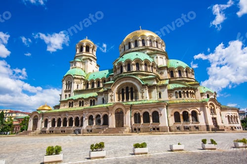 Preview: Scenic view of St Alexander Nevsky Cathedral architectural facade under blue sky in Sofia Bulgaria